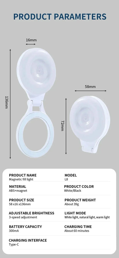 Lampe LED magnétique de poche pour Selfie, pour IPhone, IPad, téléphone portable, ordinateur portable, remplissage Flash, vidéo, Photo, lampe de photographie