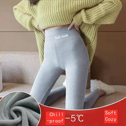 Pantalon crayon taille haute en laine d'agneau pour femme, leggings d'hiver épais, peluche moelleuse, longueur de rinçage, doublure en velours chaud ATIONS Ins, décontracté