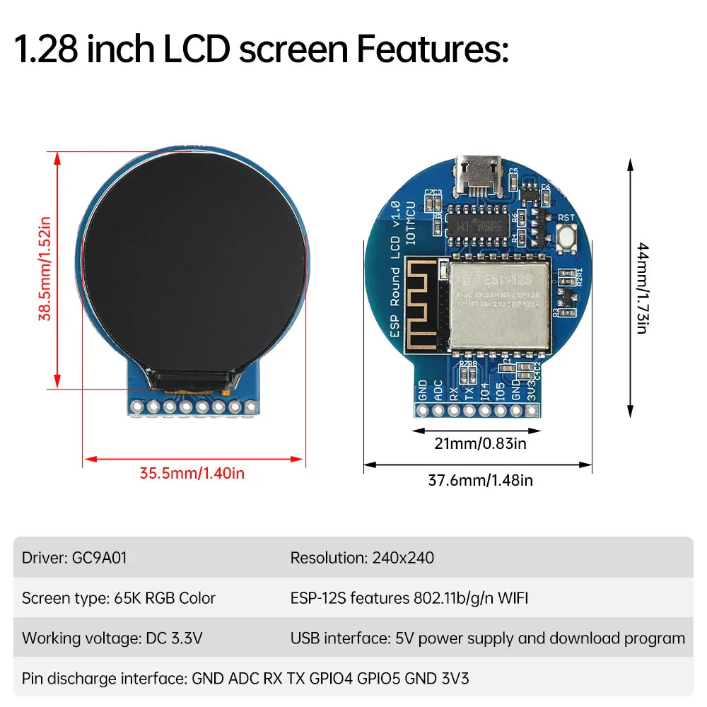 Carte de développement ESP8266 NodeMCU 6 000, 1.28 pouces, GC9A01, écran LCD rond TFT, micro USB EPS