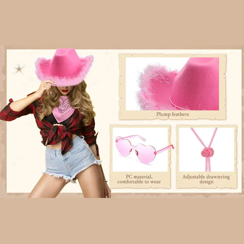 Ensemble de chapeaux de Cowboy roses, 3 pièces, chapeaux de fête d'enterrement de vie de jeune fille, chapeaux de Cowgirl occidentale en plumes, casquettes de Costume de fête + lunettes + mouchoir