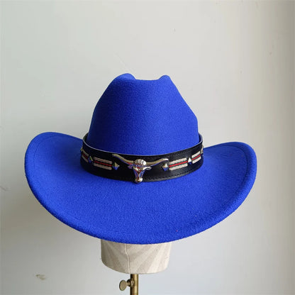 Ethnic Style Cowboy Hat Fashion Chic Unisex Solid Color Jazz Hat With Bull Shaped Decor Western Cowboy Hats