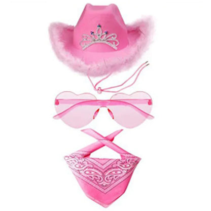 Ensemble de chapeaux de Cowboy roses, 3 pièces, chapeaux de fête d'enterrement de vie de jeune fille, chapeaux de Cowgirl occidentale en plumes, casquettes de Costume de fête + lunettes + mouchoir