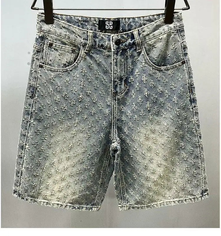 American Street Luxury Quality Retro Y2K Cowboy Shorts Summer Hip Hop Ins Mens Shaved Jacquard Couple Cowboy Pentagonal Pants