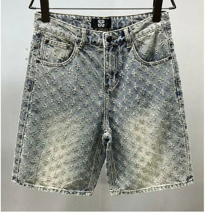 American Street Luxury Quality Retro Y2K Cowboy Shorts Summer Hip Hop Ins Mens Shaved Jacquard Couple Cowboy Pentagonal Pants
