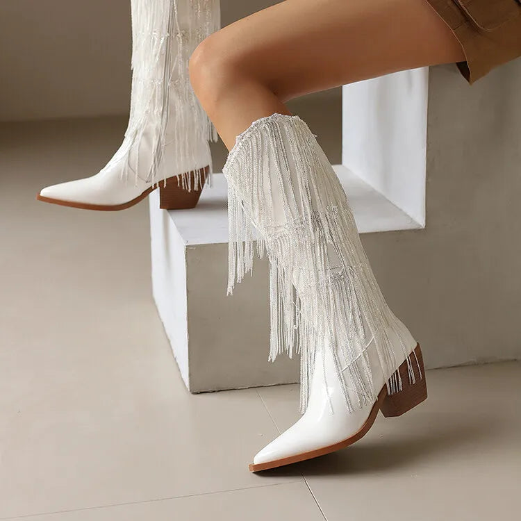 Bottes western à sequins et pompons, noires et argentées, courtes, en peluche, automne/hiver, talon de 6,5 cm, style bohème, hauteur genou, pointures 36 a 46.