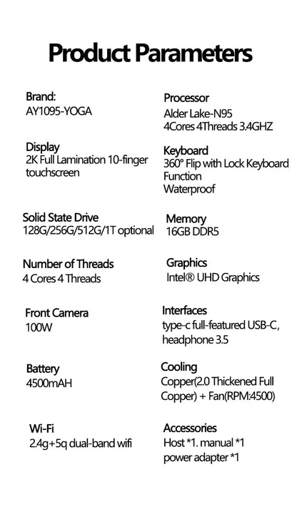 Oushedi 2-in-1 Tablet Laptop 10.9-inch Touch Screen 16GB DDR5 2TB SSD HD Camera Backlit Keyboard 360° Folding Intel N95 Laptop