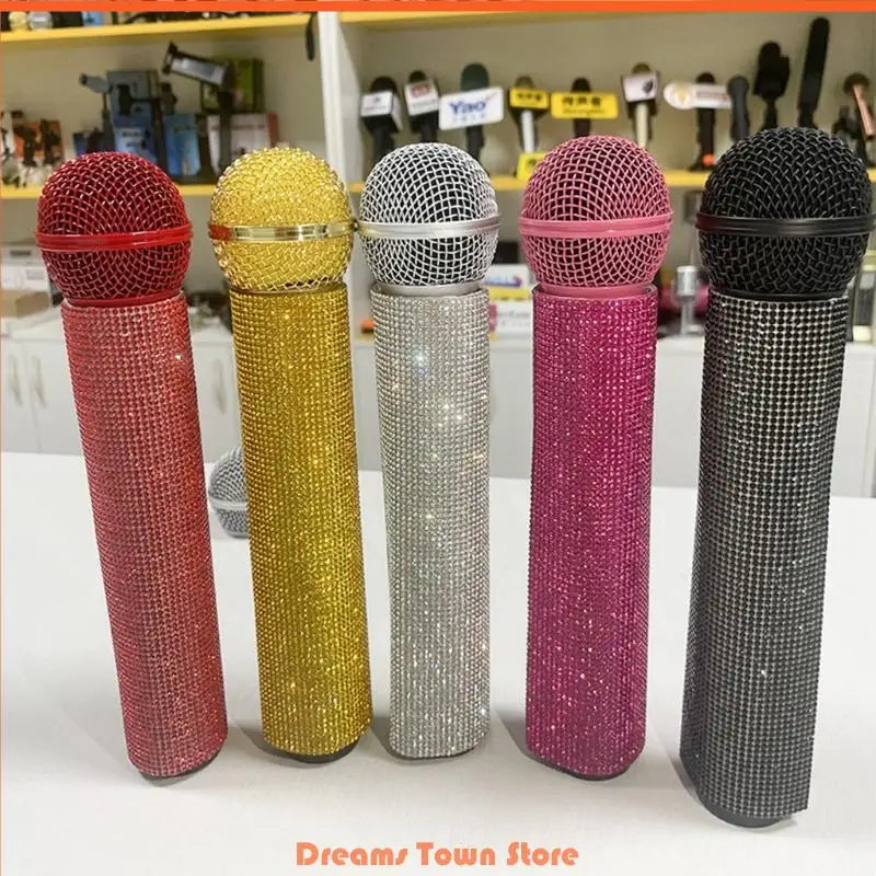 Decorative protective cover for microphone, adorned with rhinestones and sequins, compatible with 90% of portable wireless microphones used in KTVs and bars.