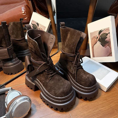 Bottes de Cowboy à grande tête en détresse, mode rétro, bottes de chevalier montantes de Style moto haut de gamme, bottes à semelles épaisses pour filles et femmes