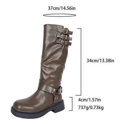 Bottes de cowboy rétro marron pour femmes 2025 Automne Hiver Cuir PU Bottes hautes Botas Mujer Fermeture éclair Boucle Plateforme Bottes de chevalier