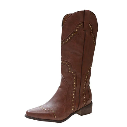 2025 New Women's Boots Low Heel Cowboy Western Short Leather Knee High Luxury Designer Gothic New Rock Shoes Vintage