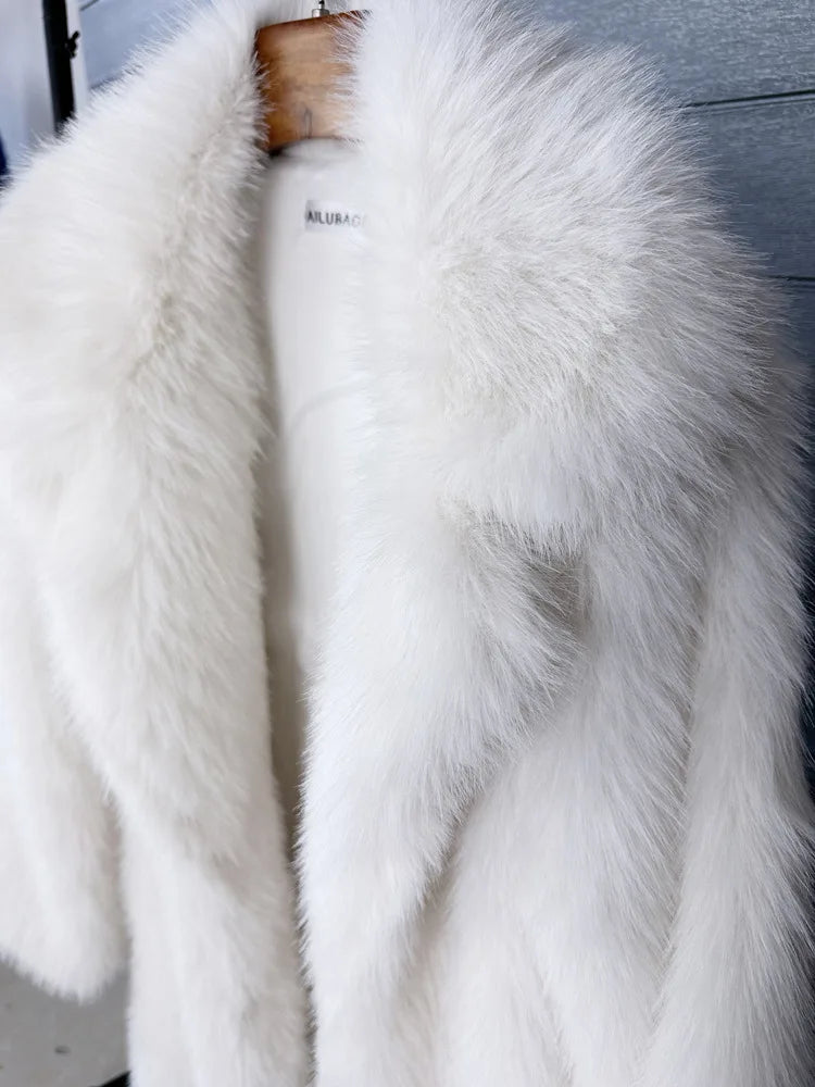 Manteau long en fausse fourrure pour femmes, automne hiver, grande taille, col rabattu blanc, poches, épais et chaud, manteau long maxi