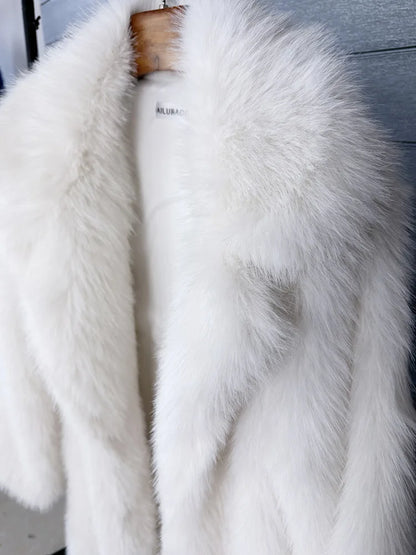 Manteau long en fausse fourrure pour femmes, automne hiver, grande taille, col rabattu blanc, poches, épais et chaud, manteau long maxi
