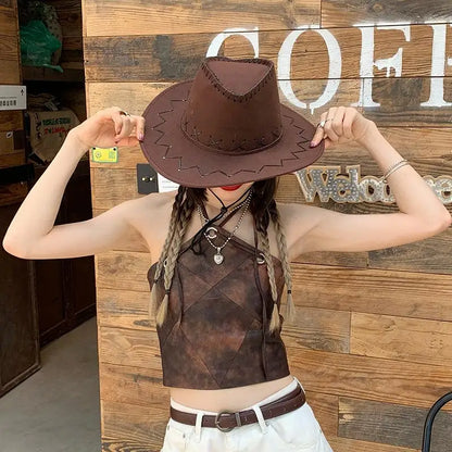 Unisex Western Suede Cowboy Hat, Fashion Cowgirl Cap for Women and Men, Fancy Dress, Party Headwear Accessory