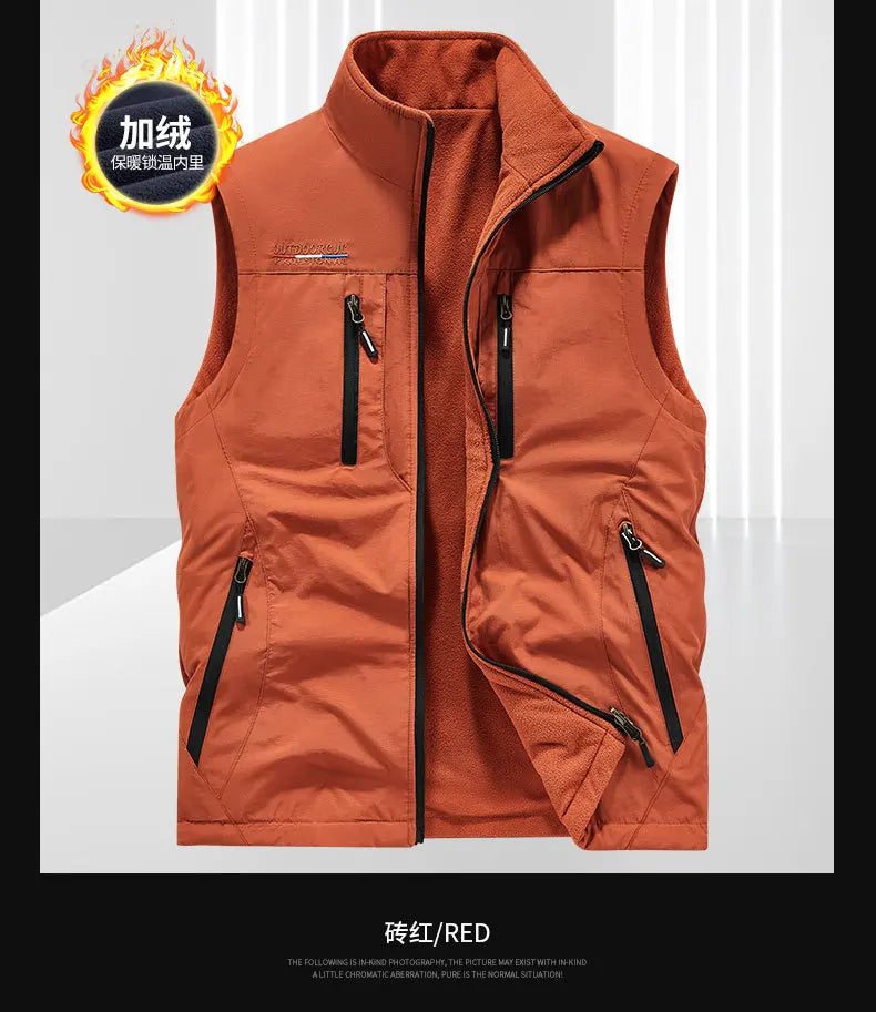 Men Autumn Fleece Outdoor Vest 4XL Utility Tactical Multi-pocket Techwear Outdoor Hiking Fishing Photography Safari Cargo Vest