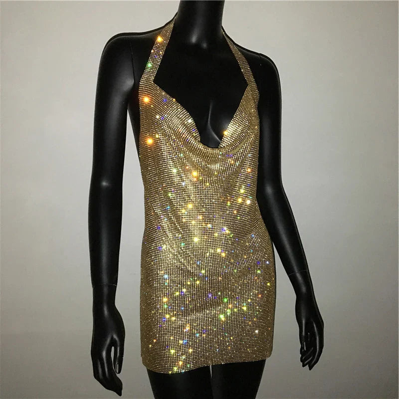 Robe de soirée sexy pour femme Bling Diamante, en cristal et strass, dos nu, pour festival, cocktail, soirée, rave.