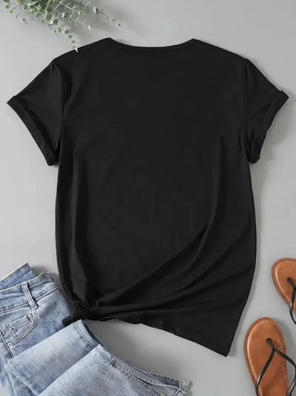 T-shirt imprimé dessin animé cowgirl floral mignon pour femme, haut décontracté à col rond, 100% polyester, printemps à l'automne, polyvalent, entretien facile