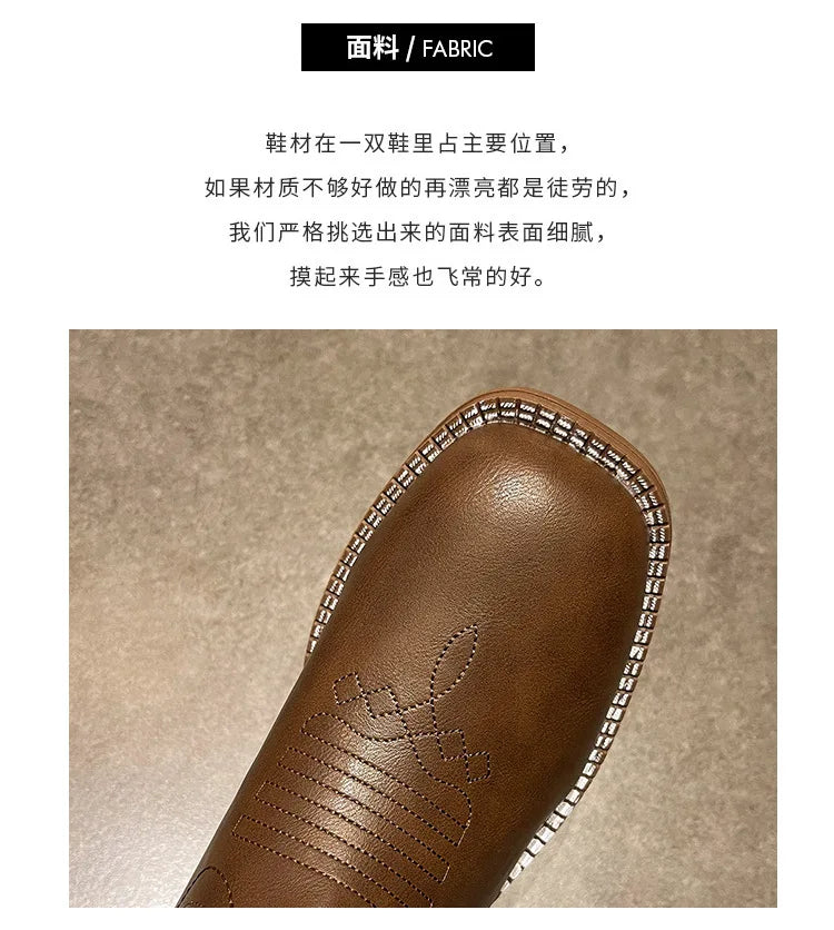 Versatile Western Cowboy Boots Summer Coarse Heel Embroidered Sleeve Knight Boots Mid Barrel Square Head Horseshoe Large