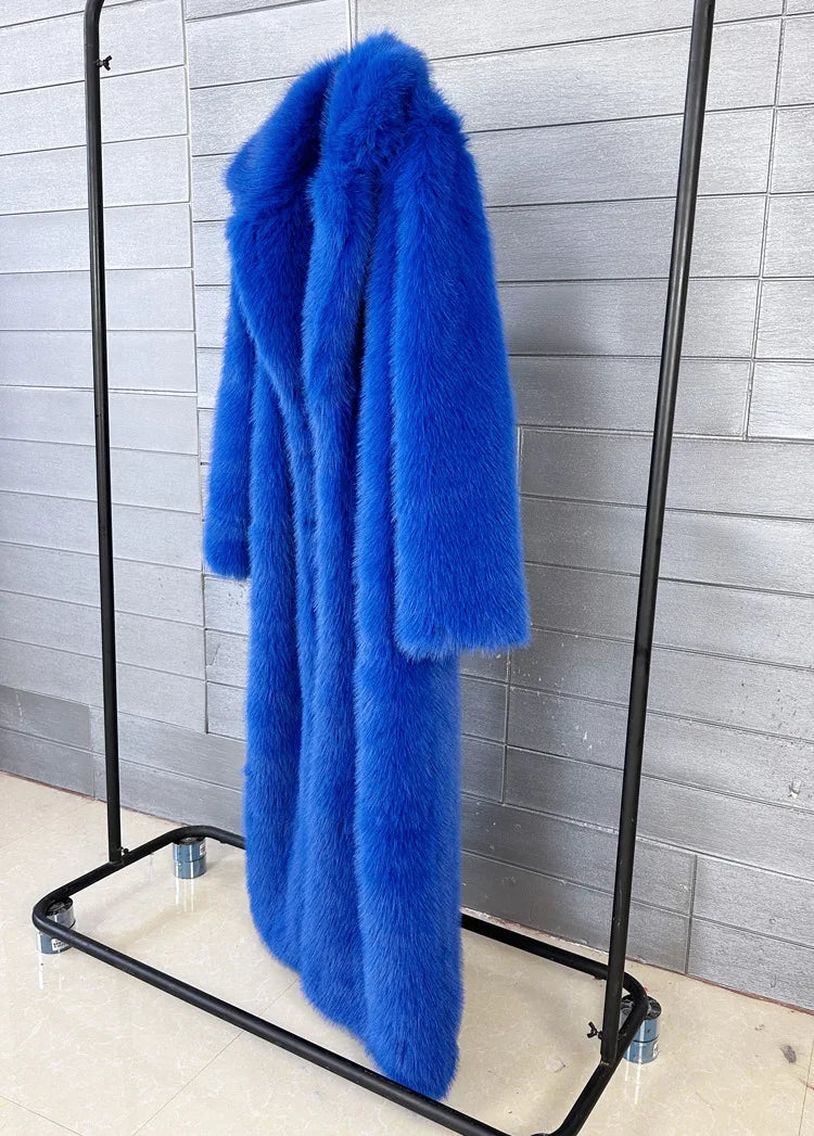 Manteau long en fausse fourrure pour femmes, automne hiver, grande taille, col rabattu blanc, poches, épais et chaud, manteau long maxi