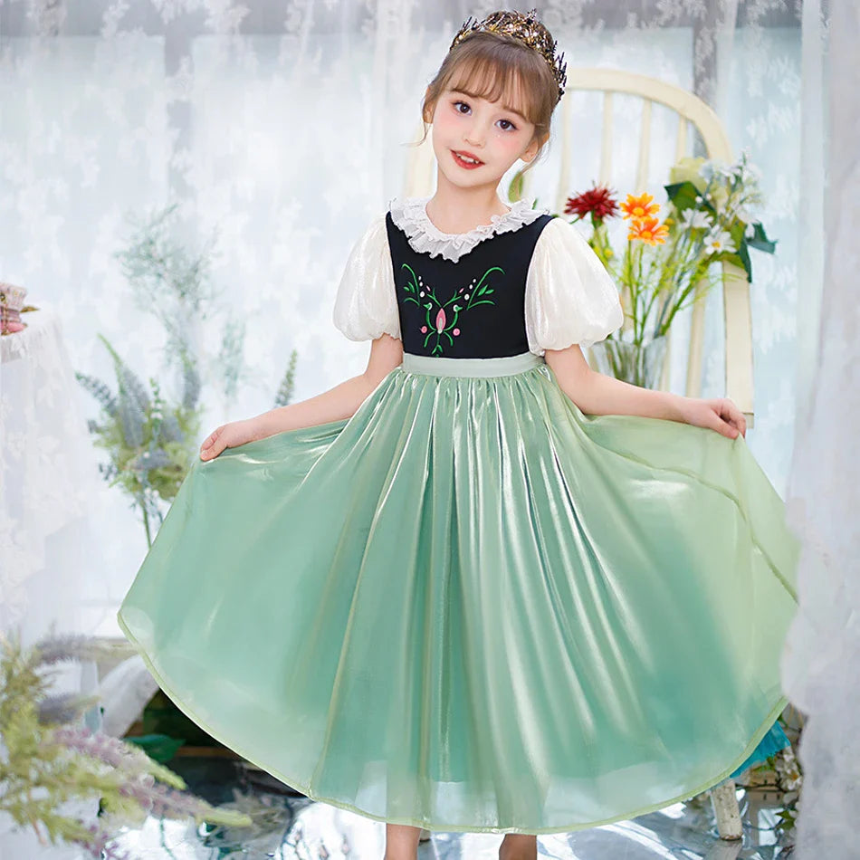 Robe de princesse de cosplay Anna pour filles, costume en maille à manches lanternes, pour fête d'anniversaire, carnaval, Halloween, robe de bal pour enfants