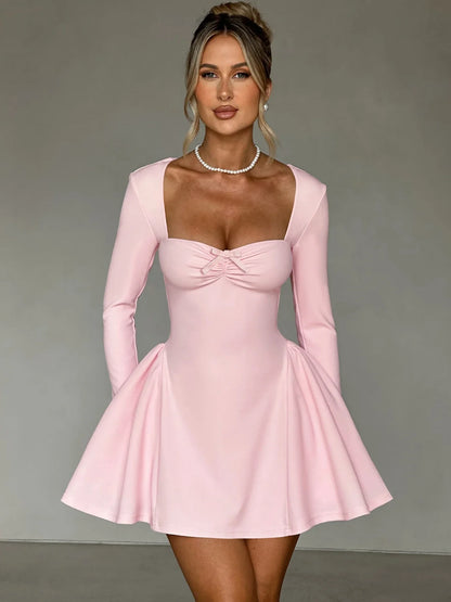 Dulzura Slit Long Flare Sleeves Patchwork A-Line Mini Dress Solid Elegant Sexy Party Prom Wedding Guest Dress Autumn