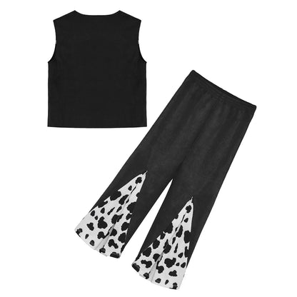 Enfants enfant Halloween Western Cowboy Cowgirl Cosplay Costume imprimé vache gilet à pampilles et ensemble de pantalon évasé Carnaval fête habiller