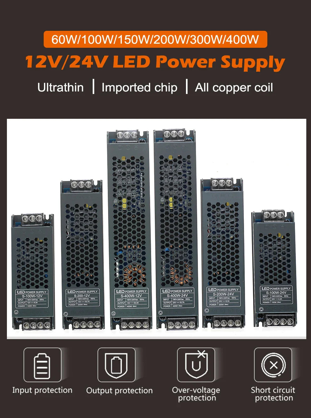 Transformateur d'éclairage LED, pilote 12V/24V, Source d'alimentation silencieuse 60W 100W 200W 300W 400W 190-240V, adaptateur convertisseur de bande LED