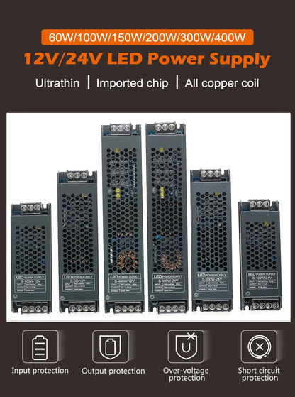 Transformateur d'éclairage LED, pilote 12V/24V, Source d'alimentation silencieuse 60W 100W 200W 300W 400W 190-240V, adaptateur convertisseur de bande LED