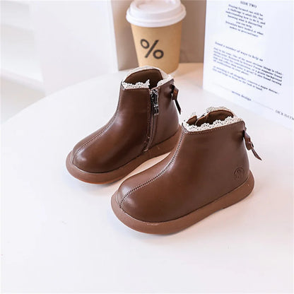 2024 New Autumn Children Boots Leather Girls Ankle Boots  Lace Butterfly-knot  Rubber Sole Fashion Toddler Kids Boots EU 21-30