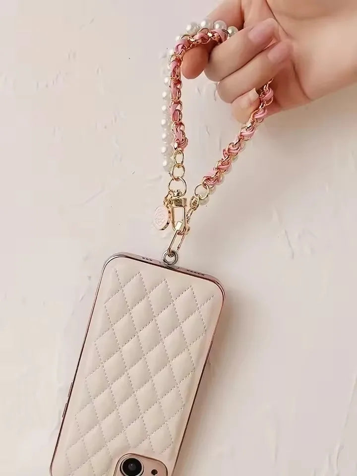 26cm Leather Pearl Camellia Mobile Phone Charm Bracelet Chain Anti-lost Universal Cell Phone Strap Rope Pendant Metal Key Chain