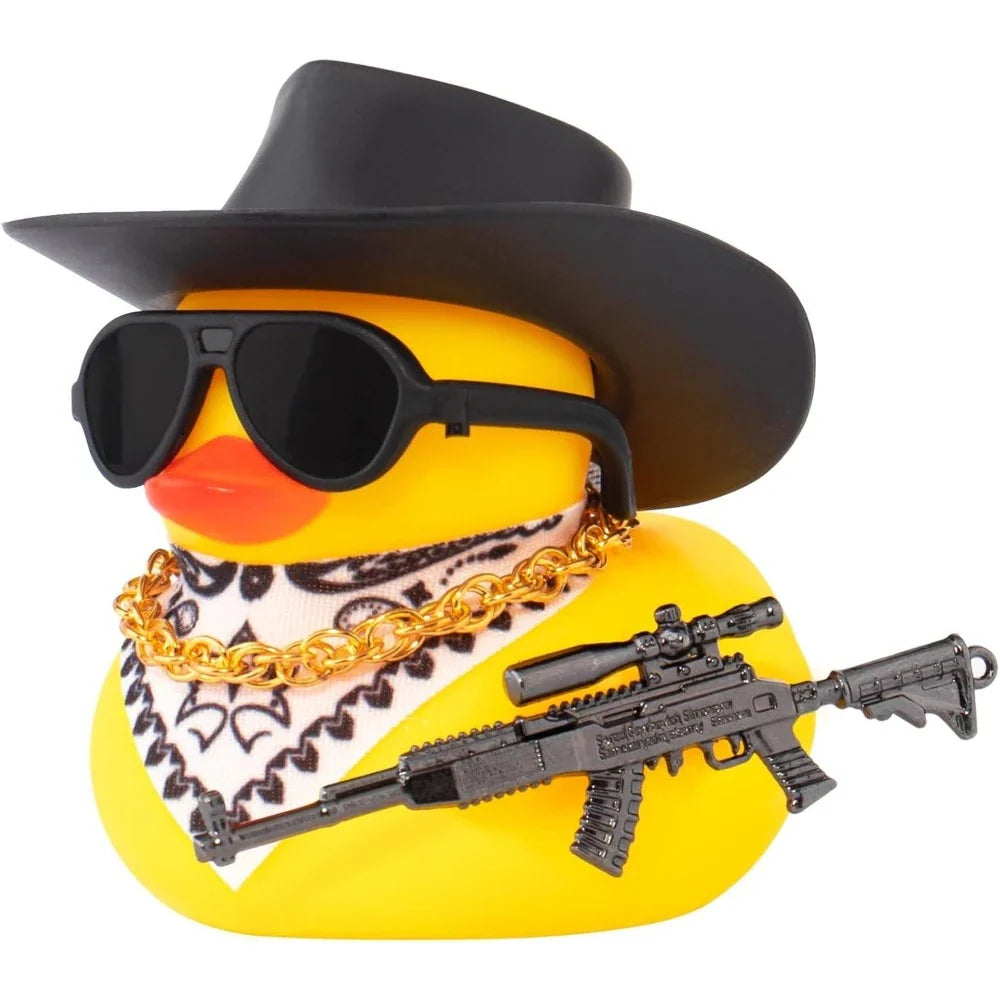 Car Rubber Duck Ornament Cool Car Accessories Duck Car Dashboard Decoration Cowboy Hat Duck with Weapon Necklace, AK47 M416