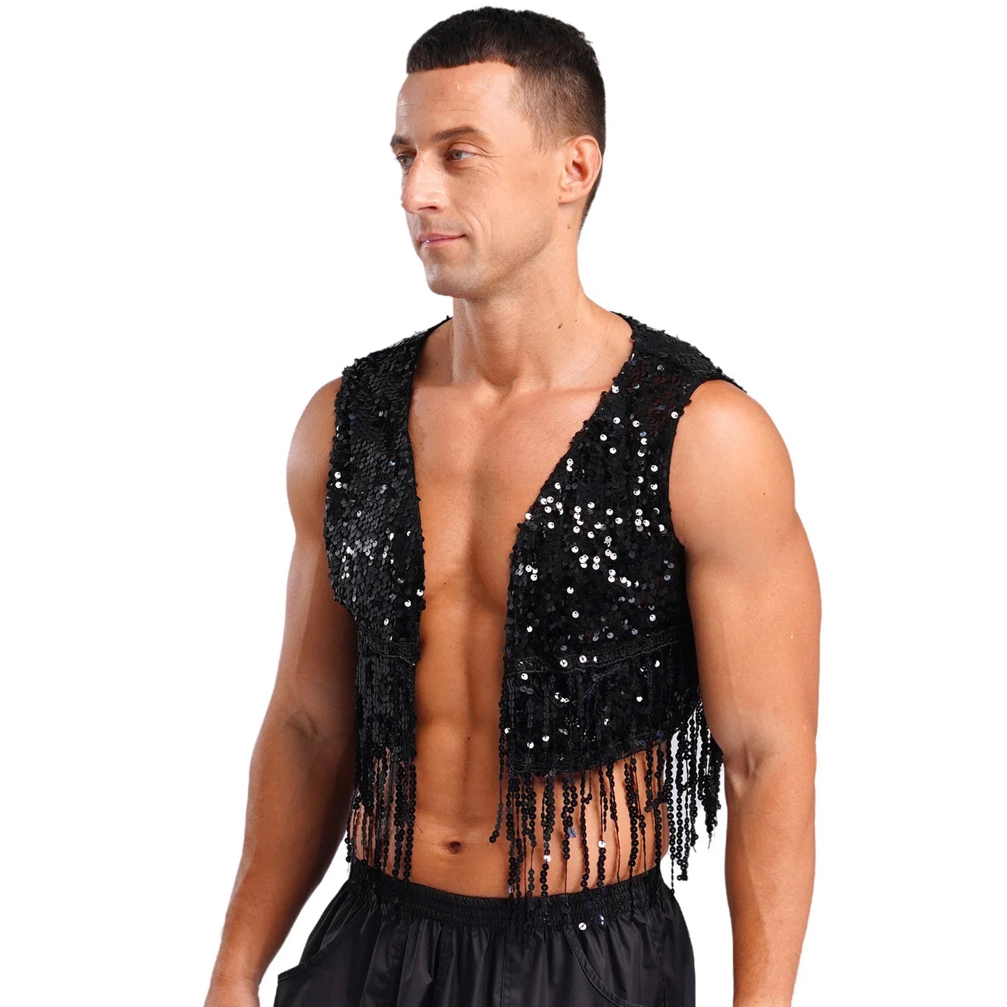 Mens Cowboy Western Costume Shiny Vintage 70s Disco Costumes Fringe Sequin Waistcoat Sleeveless Open Front Cropped Vest Cardigan
