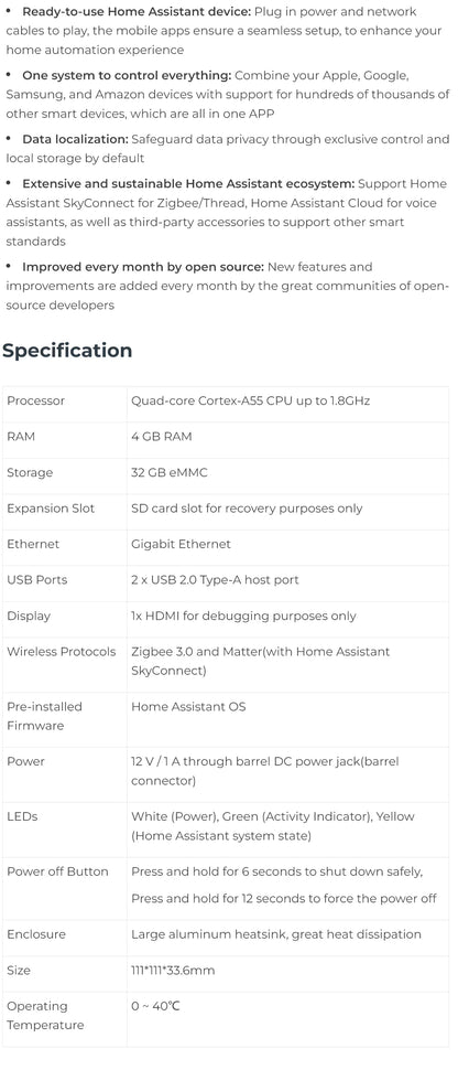 Home Assistant Green Smart Homekit 4 Go de RAM 32 Go eMMC le plus simple et la façon mise au point de la vie privée pour automatiquement votre maison