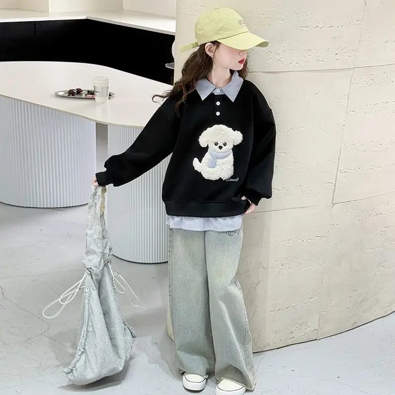 Sweat-shirt à capuche pour filles, Polo deux pièces en Faux, moyen-grand, coupe ample, haut de chiot de dessin animé, nouvelle collection printemps/automne 2025