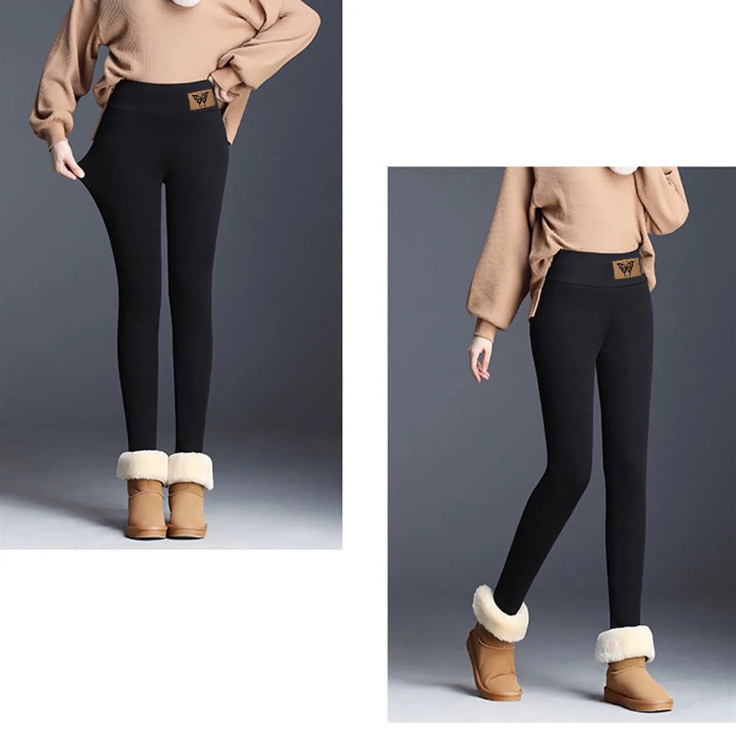 Leggings d'hiver doublés de velours pour femmes, pantalons chauds, taille haute, monochromatique, confortable, extensible, thermique, grande taille, sourire