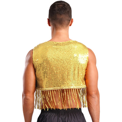 Mens Cowboy Western Costume Shiny Vintage 70s Disco Costumes Fringe Sequin Waistcoat Sleeveless Open Front Cropped Vest Cardigan