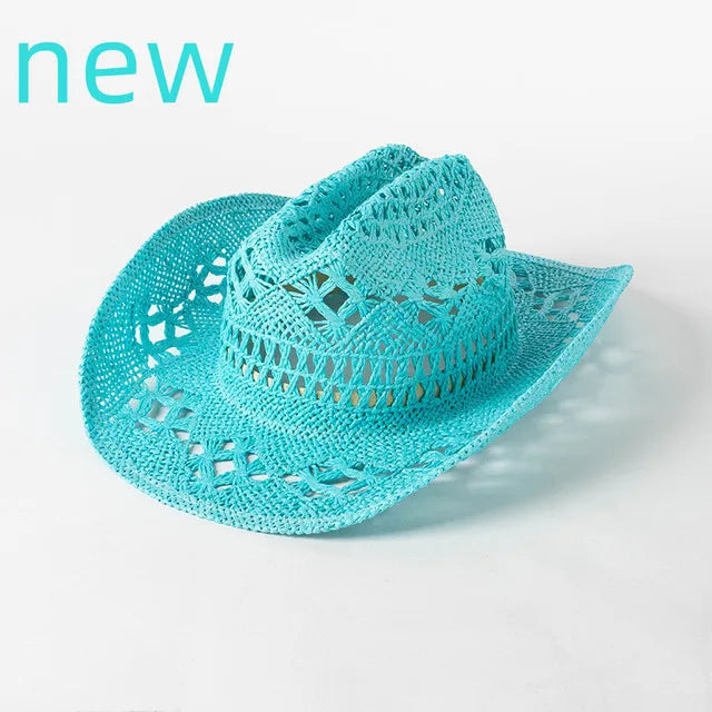 Chapeau de paille de cowboy vert matcha, tissé à la main, creux, pour hommes et femmes, chapeau de soleil d'été, chapeau de paille de cowboy occidental
