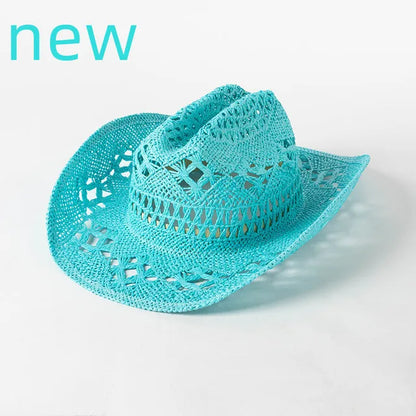 Chapeau de paille de cowboy vert matcha, tissé à la main, creux, pour hommes et femmes, chapeau de soleil d'été, chapeau de paille de cowboy occidental