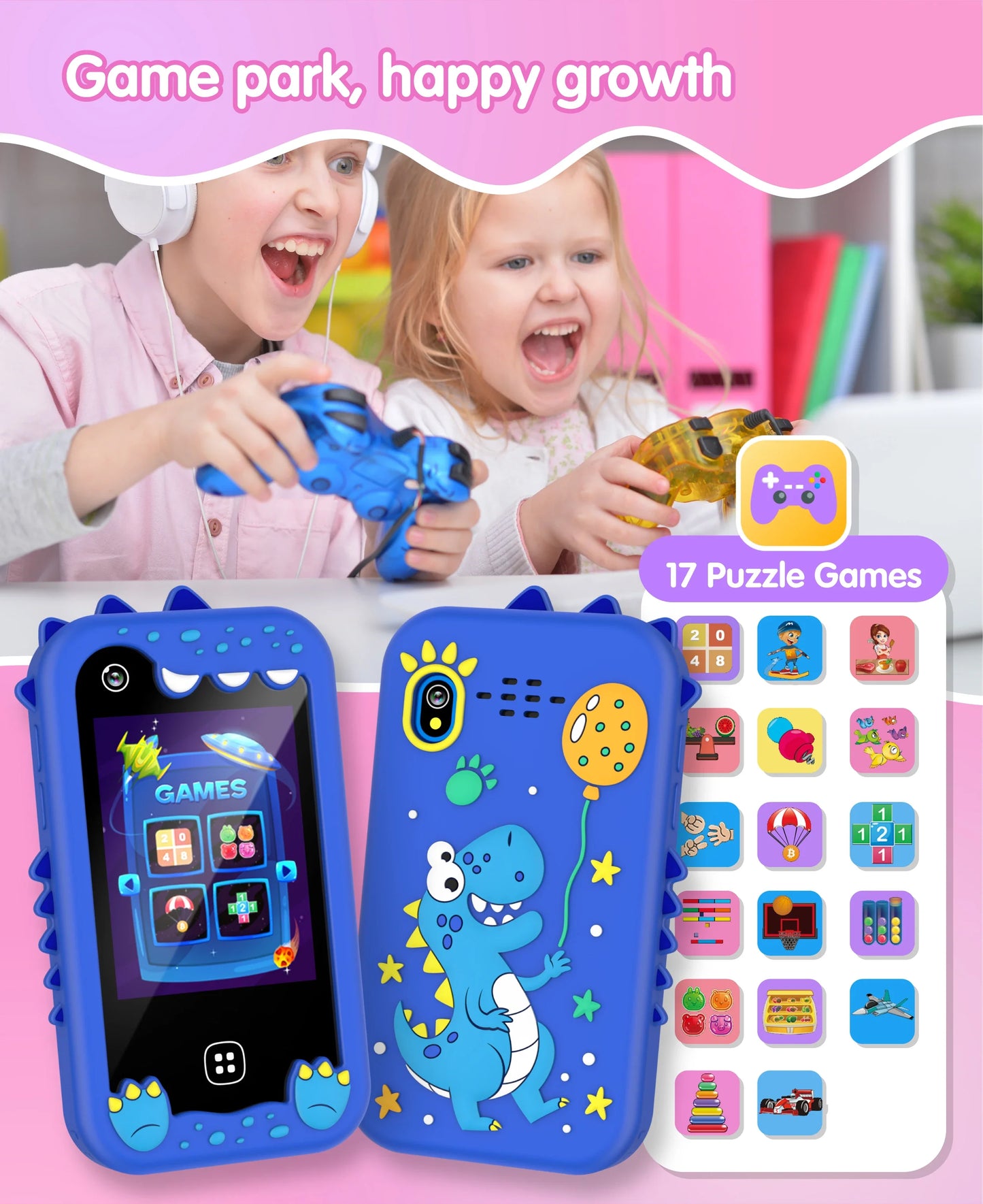 Téléphone intelligent pour enfants Filles Garçons Jouets Téléphone portable Double appareil photo Lecteur de musique 17 jeux Téléphone d'apprentissage pour tout-petits Cadeaux d'anniversaire