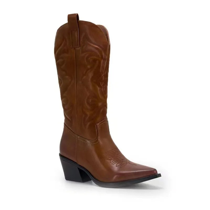 Bottes western de cowboy pour femmes brillantes métallisées brodées à talon aiguille bout pointu roses pour la livraison directe
