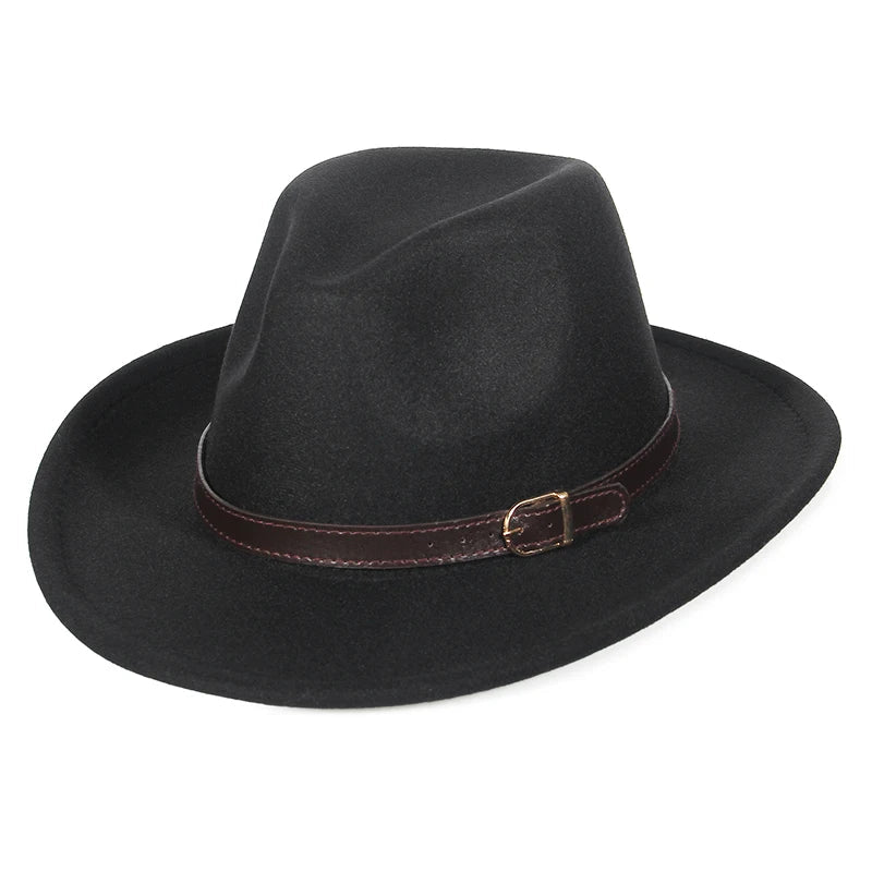 Western Cowboy Hat for Men and Women, Wide Brim Fedora Jazz Hats, Cowgirl Hat with Belt, Autumn and Winter