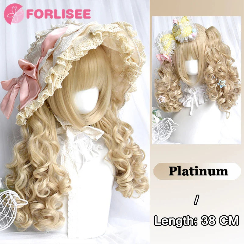 Pink Blonde Highlights Long Wavy Wig Synthetic Colorful Lolita Cosplay Hair Wigs with Bangs for Women Heat Resistant Daily Use