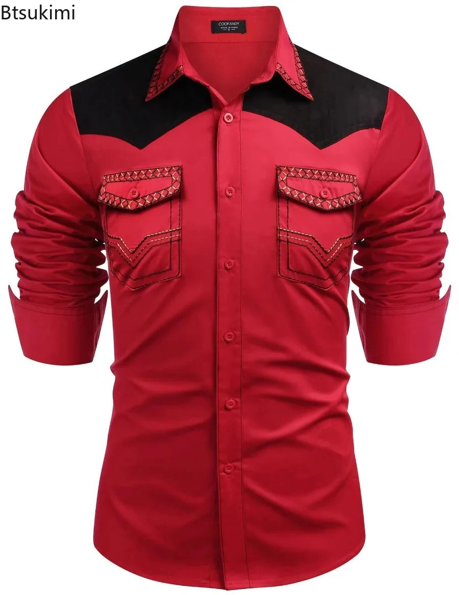 Chemise style cowboy western pour homme, printemps-automne 2025, manches longues, revers, vêtements décontractés et tendance