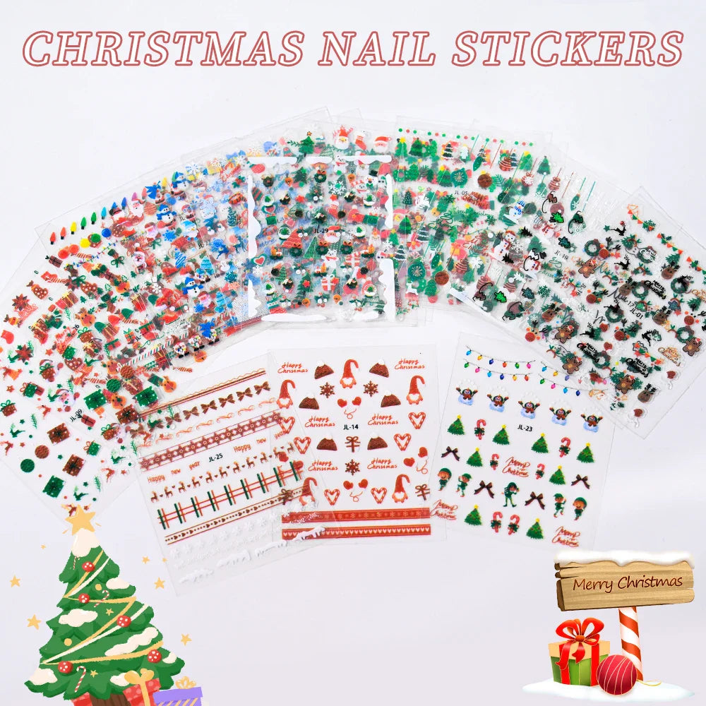 30Pcs Christmas Santa Claus 3D Nail Art Stickers Glitter Cartoon Snowflakes/Snowman/Pine Winter Sliders Xmas DIY Manicure Decals