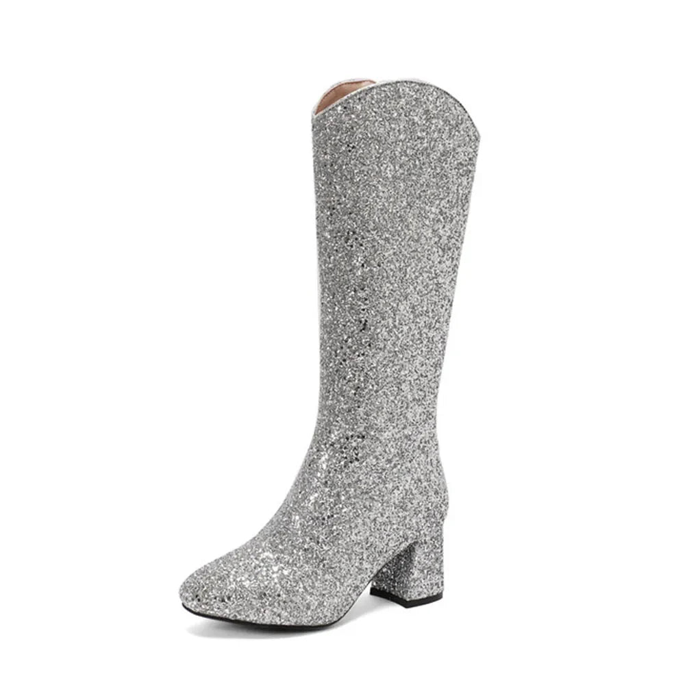 GIGIFOX Women Sequins Glitter Ankle Boots Chunky High Heel Side Zipper Shiny Fashion Shoe Sparkly Wedding Party Mid-Calf Booties