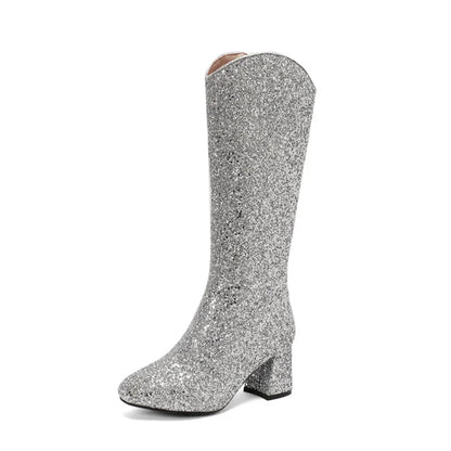 GIGIFOX Women Sequins Glitter Ankle Boots Chunky High Heel Side Zipper Shiny Fashion Shoe Sparkly Wedding Party Mid-Calf Booties