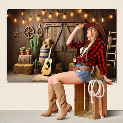 Western Party Backdrop Western Cowboy Party Decoration West Decor Wooden House Barn Photo Background for Birthday Wedding Supply