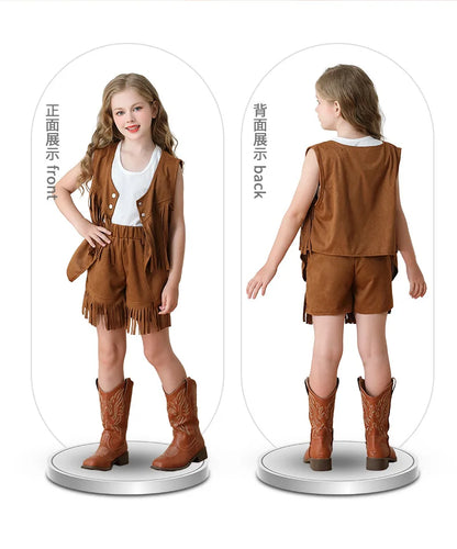 Costume de Cowboy pour filles, gilet à franges, Style bohème rétro, short en Denim occidental en velours pour filles, Costume Hippie