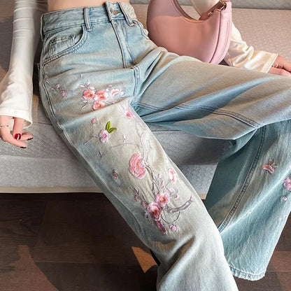 French pink flower embroidered jeans women spring and autumn new high waist fashion slim wide-leg pants embroidered straight