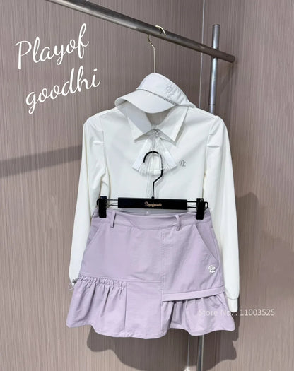 PL Golf Women New Autumn Top Puff Long Sleeve Polo Shirts Elegant Korean Style T-shirts Lady Pleated Golf Cargo Skirt with Short