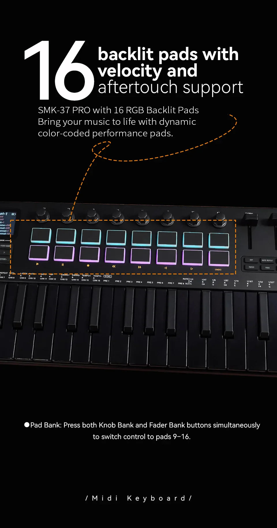Clavier MIDI M-VAVE All Black PRO 37 touches, 16 tampons RGB, 4 faders, 8 encodeurs, moteur de synthétiseur FM DX-7 intégré, 5 couleurs en option